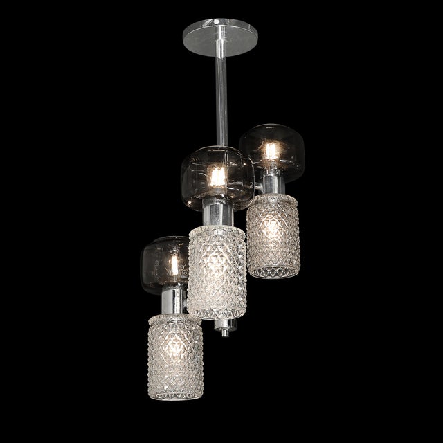 Mid-Century Pressed Crystal & Smoked Murano Glass Staggered 3-Arm Pendant For Sale - Image 13 of 14