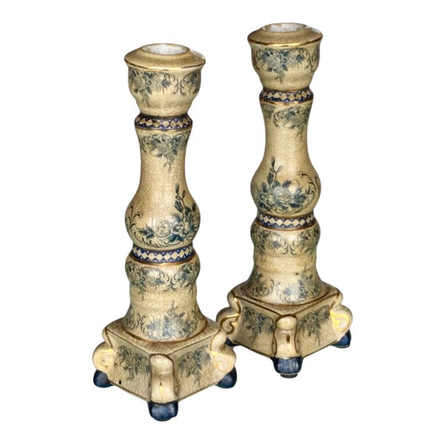 Art Nouveau Candlesticks, Circa 1900. Art Nouveau candlesticks, circa 1900, made of crackled ceramic with polychrome...