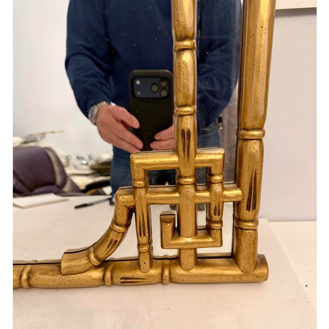 Chinese Chippendale Style Faux Bamboo Greek Key Gold Wall Mirror For Sale - Image 10 of 12