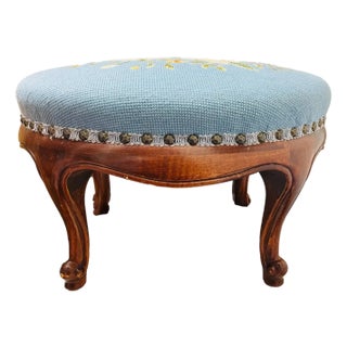 Vintage French Needlepoint Footstool With Hand Carved Wood Cabriole Legs For Sale