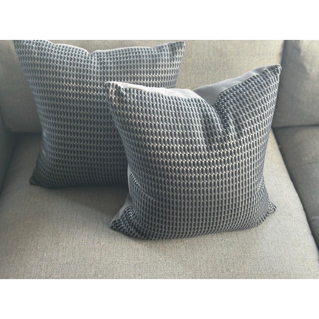 18” Sq Romo Fabric Geometric Decorative Pillows - Pair Down Fill Insert Romo Fabric Fabric - Grey, Navy, Silver Solid Grey...