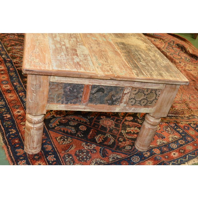 1980s 1980s Rustic Carved Panel Tan Wood Coffee Table W/ Aqua / Brown Bleached Indian For Sale - Image 5 of 16