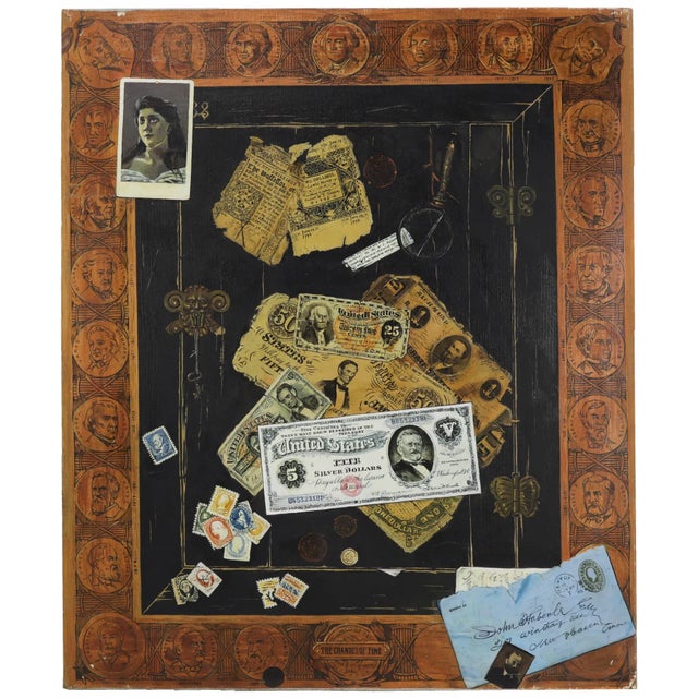 Vintage Trompe l'Oeil Americana Oil Painting With Presidential Border For Sale - Image 9 of 9
