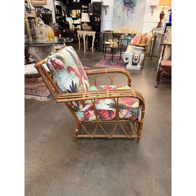 Contemporary Pair of Mid-Century Rattan Lounge Chairs With Tropical Botanical Upholstery For Sale - Image 3 of 11