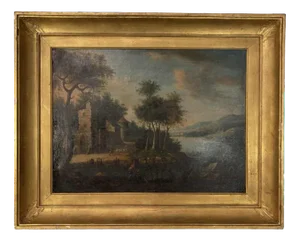 Italian School Artist, Lakescape with Forest Animated by Characters, Oil on Canvas, 18th Century, Framed