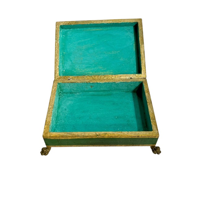 Vintage Italian Gilt and Green Painted Box With Metal Lion Paw Feet and Metal Laurel Wreath For Sale - Image 10 of 17