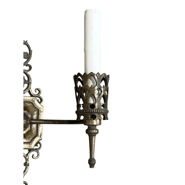 Oscar Bach Antique 1920s Signed Oscar Bach Cast Brass Two Arm Wall Sconce For Sale - Image 4 of 7