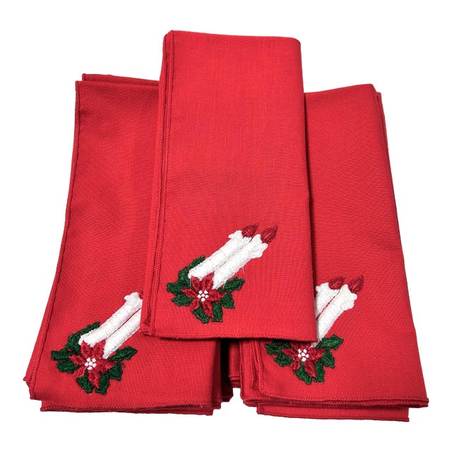 Vintage Embroidered Christmas Linen Napkins – Poinsettia & Candle Holiday Table Linens, Set of 12 For Sale