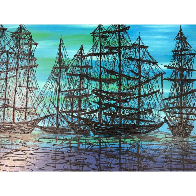 1970s Mid-Century Modern Harbor Boats Landscape Acrylic Painting on Board, Signed For Sale - Image 4 of 12
