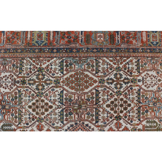 Antique Persian Joshegan Rug in Ivory Background With Blue, Green, & Copper For Sale - Image 9 of 11