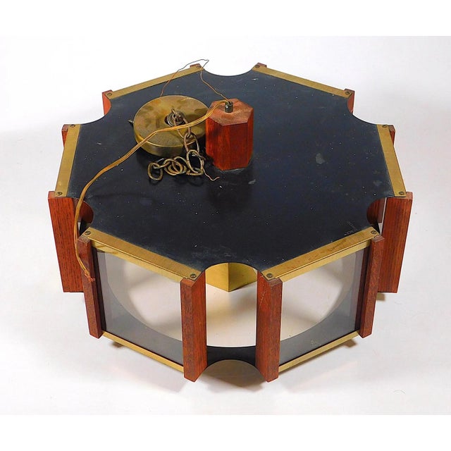 Fredrick Ramond Hexagonal Chandelier, c. 1970s, seven lights, wood and brass construction, with smoked glass panes,...