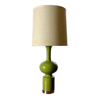Mid Century Modern Ceramic Avocado Green and Chrome Tall Table Lamp For Sale