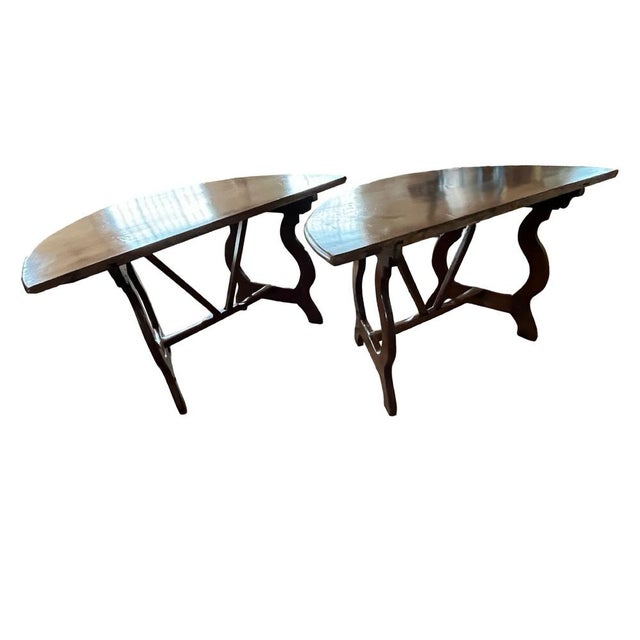 Italian Demi Lune Console Tables in Walnut, Set of 2 For Sale - Image 12 of 18