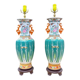 Pair of Tall Famille Verte Cabbage Vases With Butterfly and Coral Handles Mounted as Table Lamps For Sale