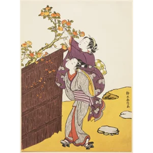 1963 After Harunobu "Picking Persimmons", Full-Color Print From Japan