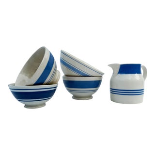 Collection of White & Blue English Pottery - Adderleys England & Green & Co - Bowls & Pitcher - 5 PCS For Sale
