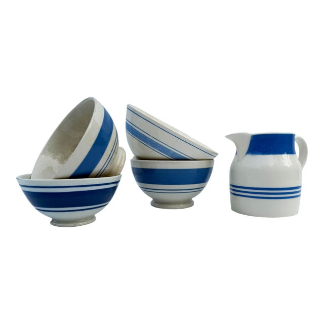 Collection of White & Blue English Pottery - Adderleys England & Green & Co - Bowls & Pitcher - 5 PCS For Sale