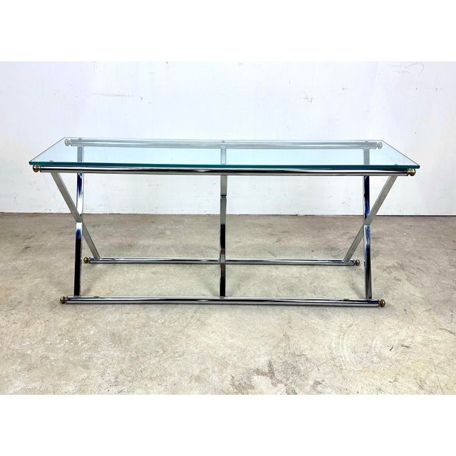Modernist Maison Jansen Style X-Base Chrome & Glass Console Table For Sale - Image 12 of 12