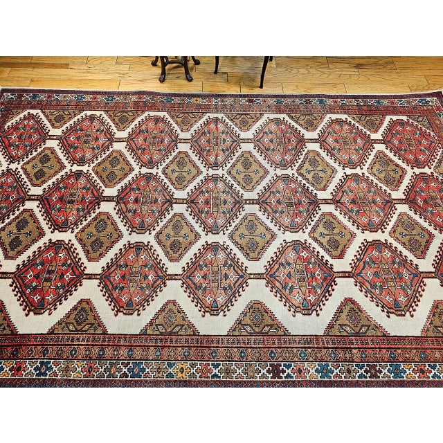 1900 - 1909 Vintage Persian Malayer Gallery Rug, Hand-Knotted Wool, Geometric Pattern, 7x13, Ivory & Red For Sale - Image 5 of 14