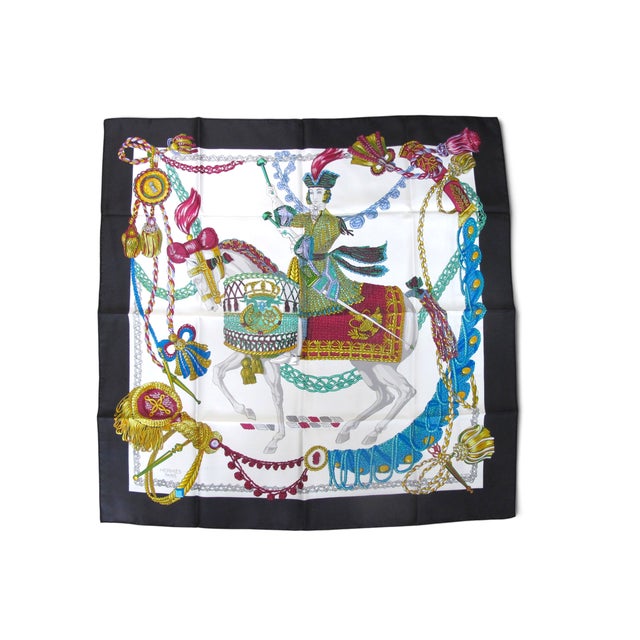 Hermes Paris Carre 90 Le Timbalier Black Border Silk Scarf NWT & Box For Sale - Image 10 of 13