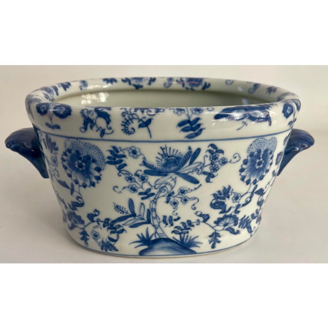Blue Chinese Export Style Porcelain Jardiniere Oval Bowl For Sale - Image 8 of 10