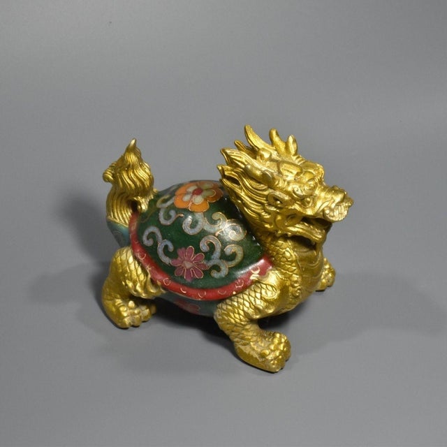 Metal Gilt Bronze Cloisonné Enamel Dragon-Turtle Figure For Sale - Image 7 of 9