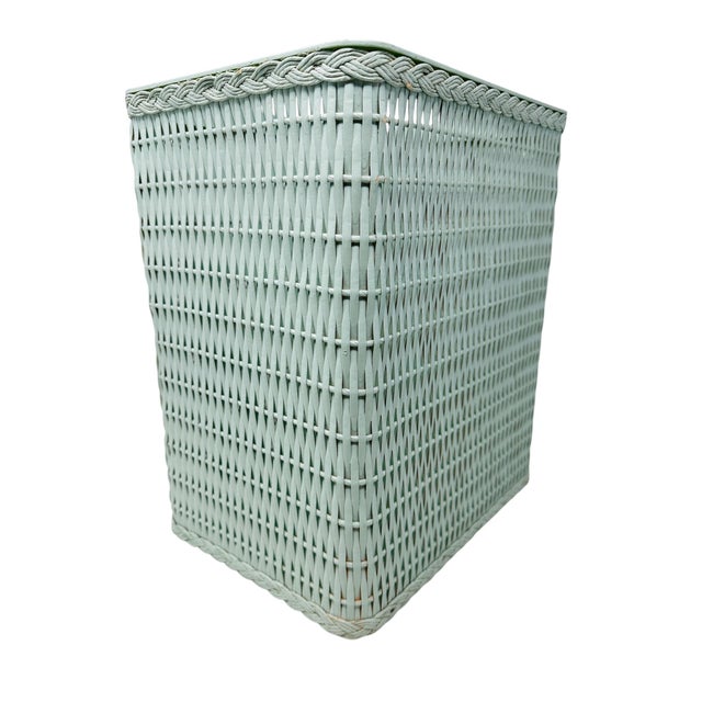 Hollywood Regency Mid-Century Sage Green Wicker Wastebasket With Triple Braided Trim For Sale - Image 3 of 11