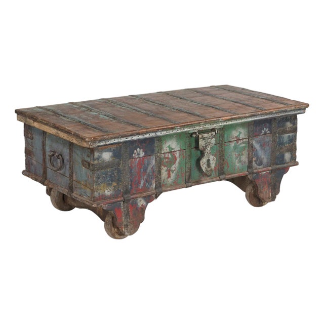 Antique Indian Teakwood Painted Blanket Chest/Coffee Table For Sale