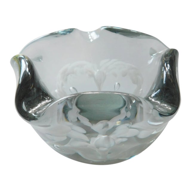 1950s Italian Murano Art Glass Clear Crystal Etched Nut/Candy Dish For Sale