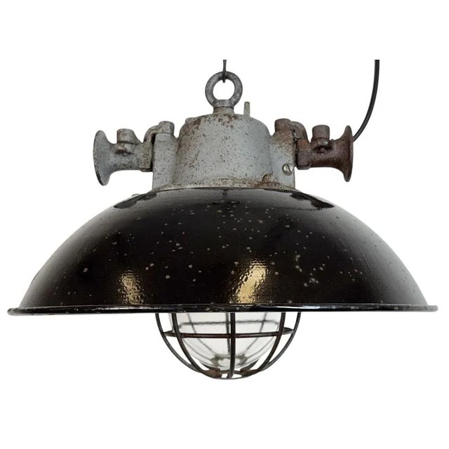Industrial Black Enamel and Cast Iron Cage Pendant Light from Elektrosvit, 1960s For Sale - Image 17 of 17