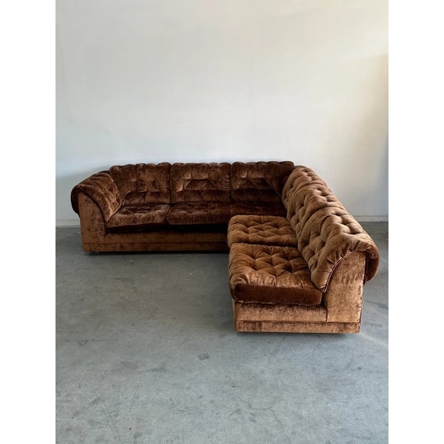 Mid-Century Modern 1970s Tufted Sectional in High Pile Chenille For Sale - Image 3 of 17