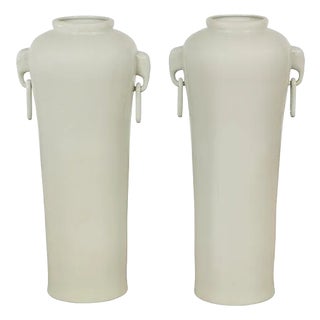Tall and Slender Vintage White Porcelain Elephant Handles Altar Vases, Near Pair For Sale