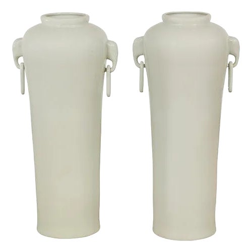 Tall and Slender Vintage White Porcelain Elephant Handles Altar Vases, Near Pair For Sale