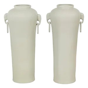 Tall and Slender Vintage White Porcelain Elephant Handles Altar Vases, Near Pair