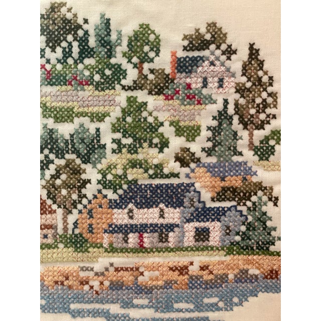 Mid 20th Century Harbor and Village and Sailboat on the Ocean Framed Textile Art Needlepoint Cross Stitch For Sale - Image 5 of 7