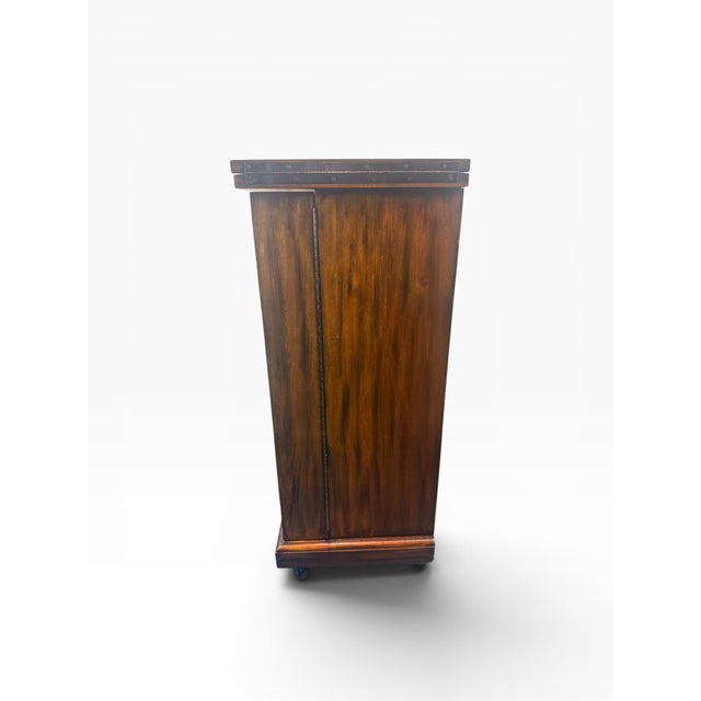 Theodore Alexander Attributed Theodore Alexander Mahogany Rolling Bar Cabinet With Etched Brass Panels For Sale - Image 4 of 17