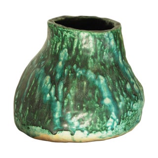 Vintage Green Drip Glaze Brutalist Pottery Vase For Sale