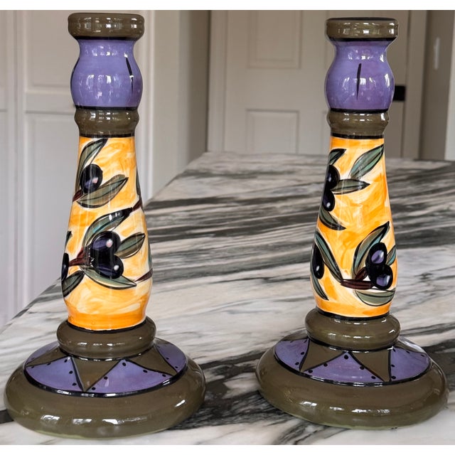 1980s Vintage Italian Hand Painted and Glazed Candle Holders - A Pair For Sale - Image 5 of 10