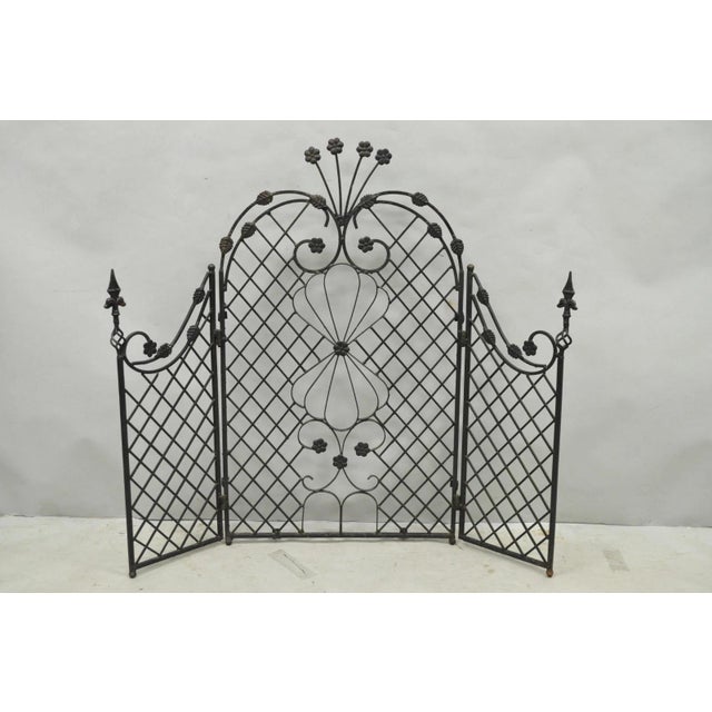 Arts & Crafts Antique Gothic Arts & Crafts Wrought Iron Scrolling Folding Fireplace Screen For Sale - Image 3 of 18