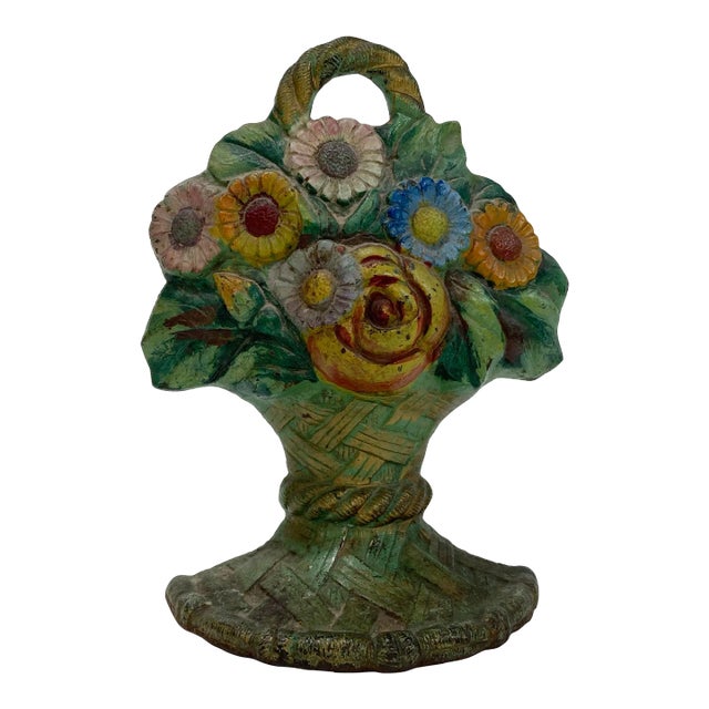 Vintage Cast Iron Flower Basket Door Stop For Sale