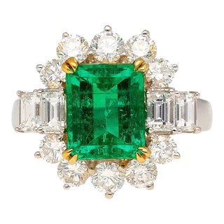 4.42 Carat Tw Colombian Emerald With Round & Emerald Cut Diamond Halo 18k Ring Size 7 For Sale