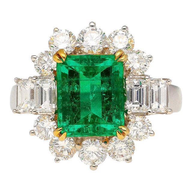 4.42 Carat Tw Colombian Emerald With Round & Emerald Cut Diamond Halo 18k Ring Size 7 For Sale