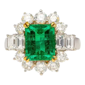 4.42 Carat Tw Colombian Emerald With Round & Emerald Cut Diamond Halo 18k Ring Size 7