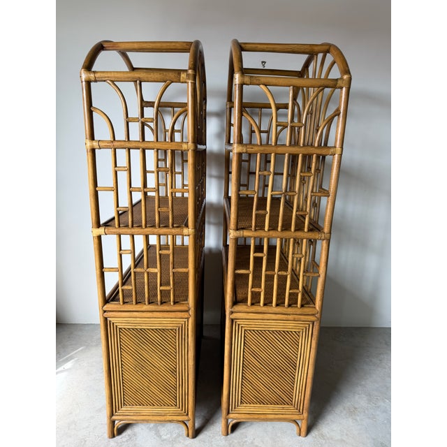 1970's Vintage Palm Beach Regency Arched Rattan Étagères With Cabinets – A Pair For Sale - Image 9 of 16