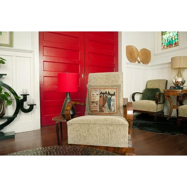 Textile Pair of 1980s Postmodern Ceramic Lamps With Custom Red Pleated Shades For Sale - Image 7 of 9