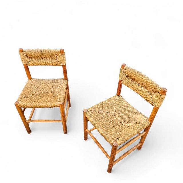 2 x pine wood woven reed dining chairs / France 1950s Height 76Width 45Depth 45Seat height 45 cm