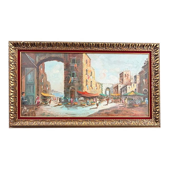 Mid 20th Century 'Virgili' Signed "Italian Street Market" Oil Painting on Canvas For Sale