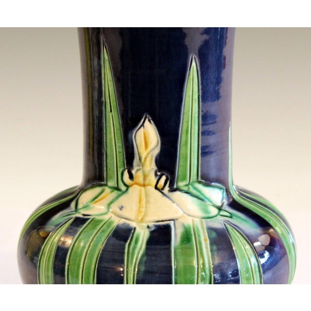 Ceramic Antique Awaji Pottery Blue Ground Incised Iris Japanese Trumpet Form Vase For Sale - Image 7 of 9