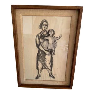 Frank Kleinholz (1901-1987) Modernist Charcoal Drawing Mother and Child 1960