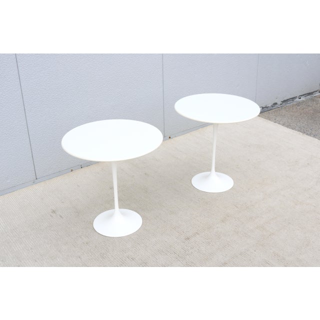 Metal Mid-Century Modern Knoll Eero Saarinen 20" Round White Tulip Side Tables, a Pair For Sale - Image 7 of 18